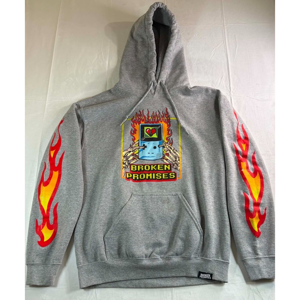 Broken Promises Hoodie Gray Quit Pushing My Buttons Flame Sleeve GameBoy Graphic